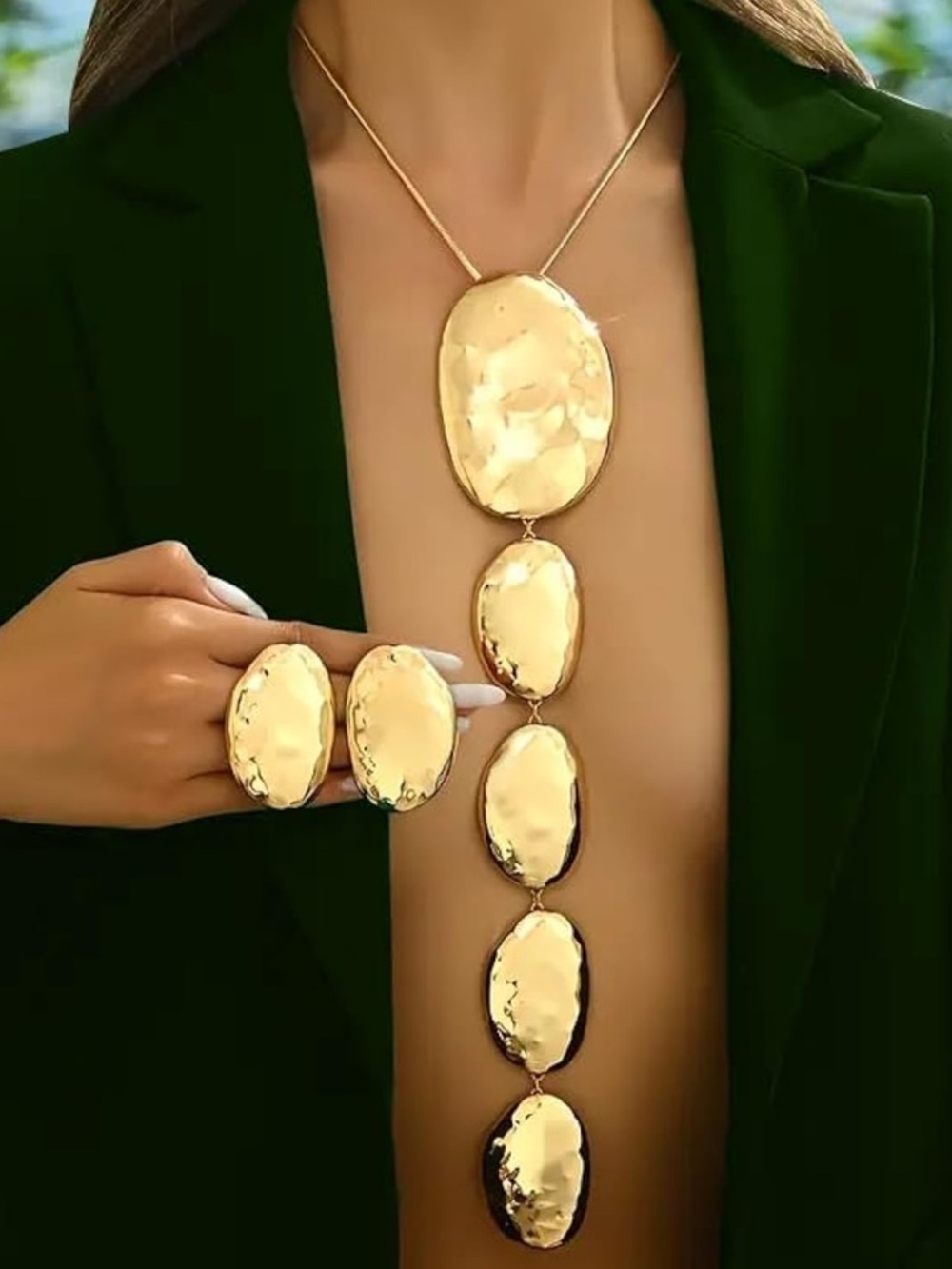 Hammered Gold Long Pendant Necklace with Matching Hoops